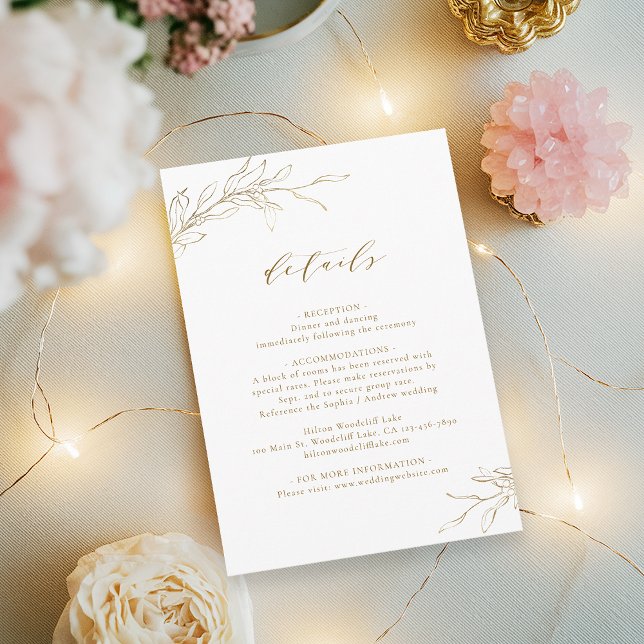 Gold einfache Eleganz botanische Hochzeitsdetails Begleitkarte (Gold simple elegance botanical wedding details enclosure card)