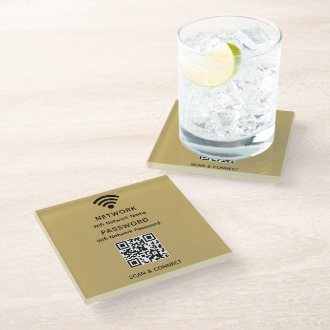 Gold Einfaches elegantes WLAN QR-Netzwerkkennwort Glasuntersetzer (Schrägansicht)