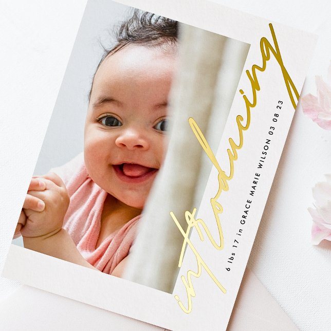 Gold Einführung der schriftlichen Foto Baby Ankünd Folieneinladung (Von Creator hochgeladen)