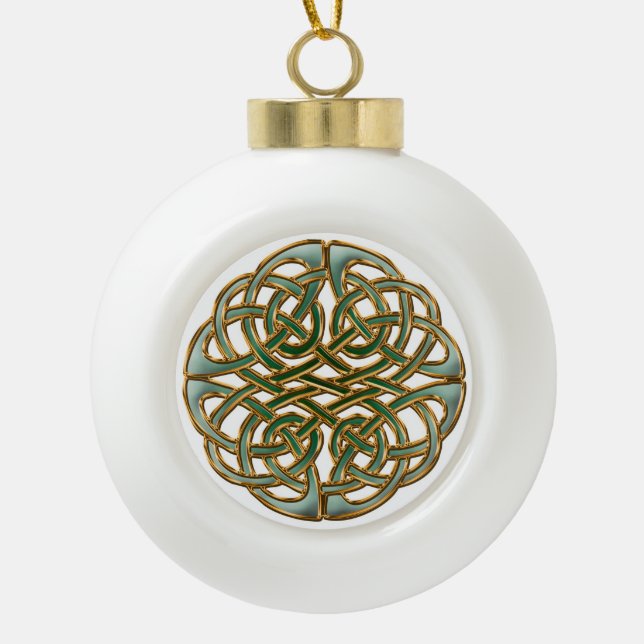 Gold eingefaßter grüner keltischer Knoten Keramik Kugel-Ornament (Vorderseite)