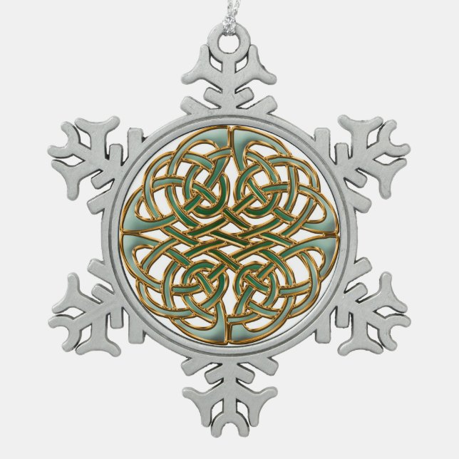Gold eingefaßter grüner keltischer Knoten Schneeflocken Zinn-Ornament (Vorderseite)
