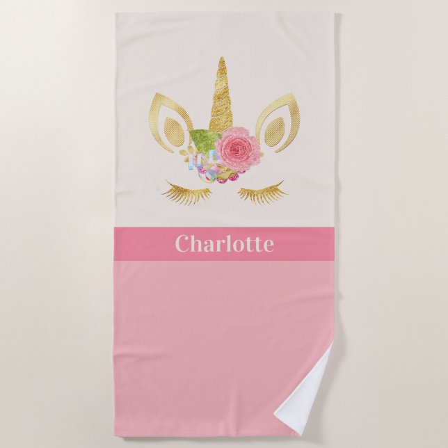 Gold Einhorn, rosa, für Mädchen Personalisiert Strandtuch (Vorderseite)