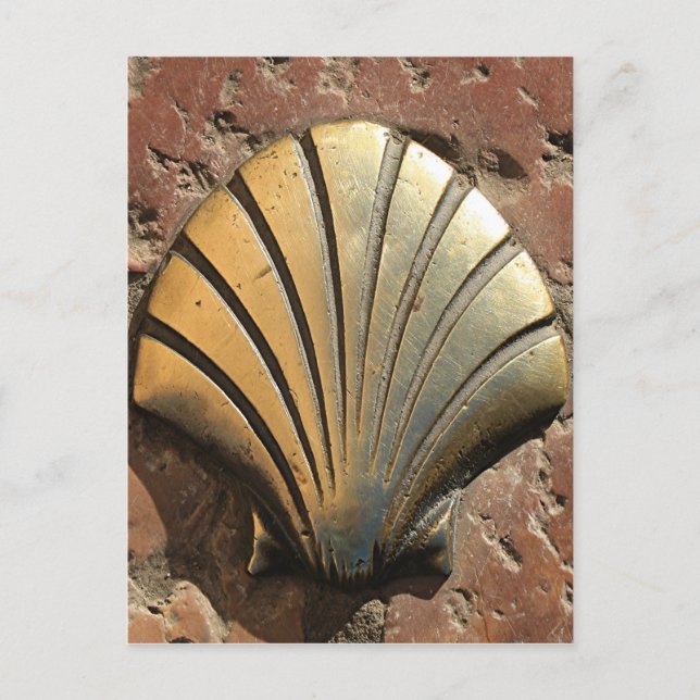 Gold El Camino Muschel Zeichen, Bürgersteig, Leon, Postkarte (Vorderseite)