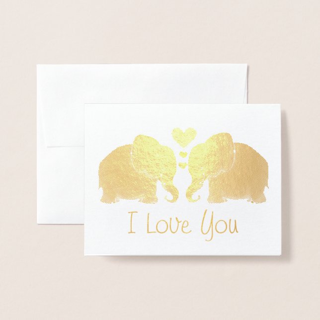 Gold Elefanten Paar mit Herzen I Liebe Sie Folienkarte (Vorderseite mit Umschlag)