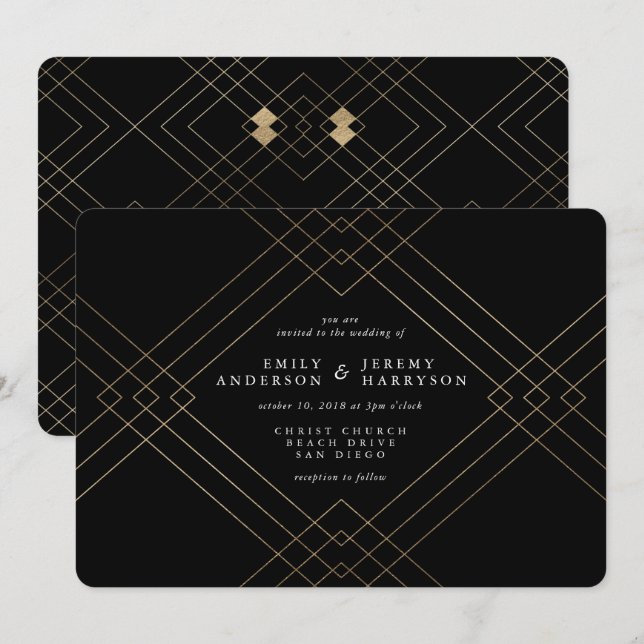 Gold Elegance Black Diamond Gatsby Wedding Einladung (Vorne/Hinten)