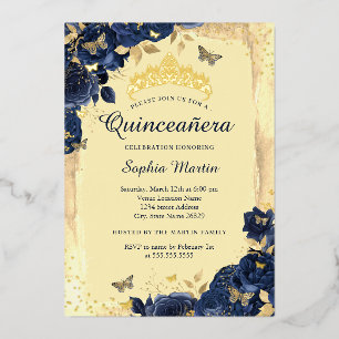 Gold Elegant Floral Butterfly Navy Quinceanera Folieneinladung