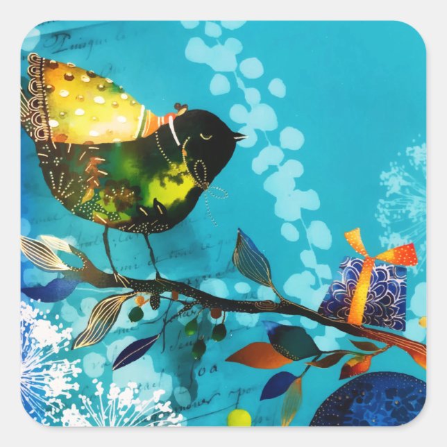 Gold Elegant Happy Songbird wünscht Wasserfarbe Quadratischer Aufkleber (Vorderseite)