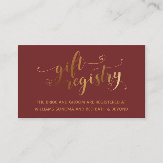 Gold Elegant Hearts Script Burgundy Gift Registry Begleitkarte (Vorderseite)