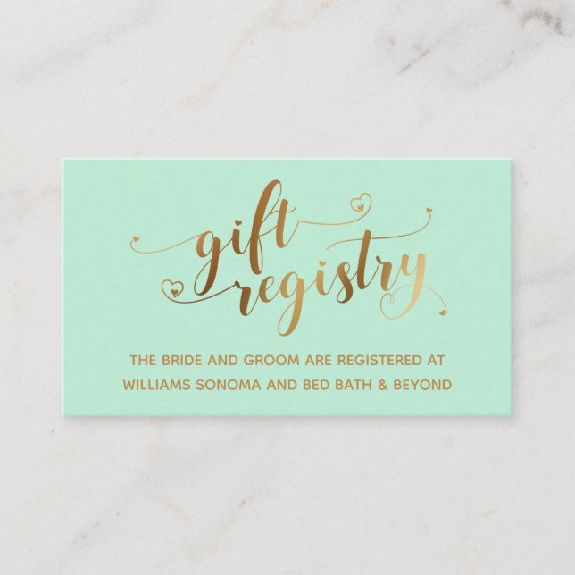 Gold Elegant Hörskript auf der Mint Gift Registry Begleitkarte (Vorderseite)