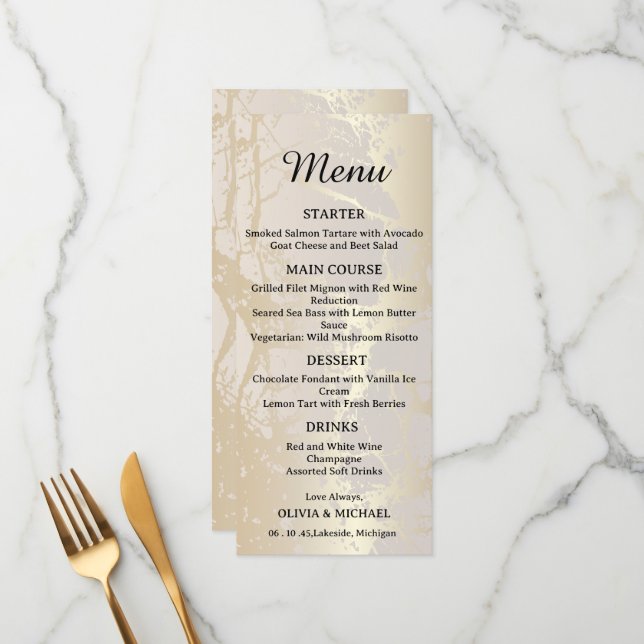  Gold Elegant Luxury Marble Abstract Wedding Menu  Menükarte (Vorderseite/Rückseite Beispiel)