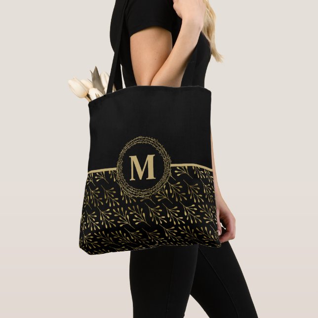 Gold Elegant #Monogram & Golden Leaf Muster Schwar Tasche (Von Nahem)