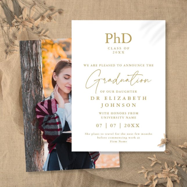 Gold Elegant PhD Grad Foto Ankündigung (Gold Elegant PhD Degree Photo Announcement)