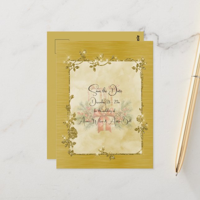 Gold Elegant Sparkly Frame Save the Date Postkarte (Vorderseite/Rückseite Beispiel)