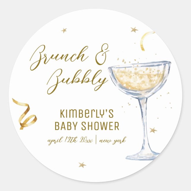 Gold Elegante Brunch Bubbly Champagne Baby Dusche Runder Aufkleber (Vorderseite)