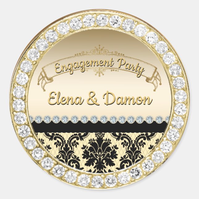 Gold Elegante Damask & Diamonds Engagement Party Runder Aufkleber (Vorderseite)