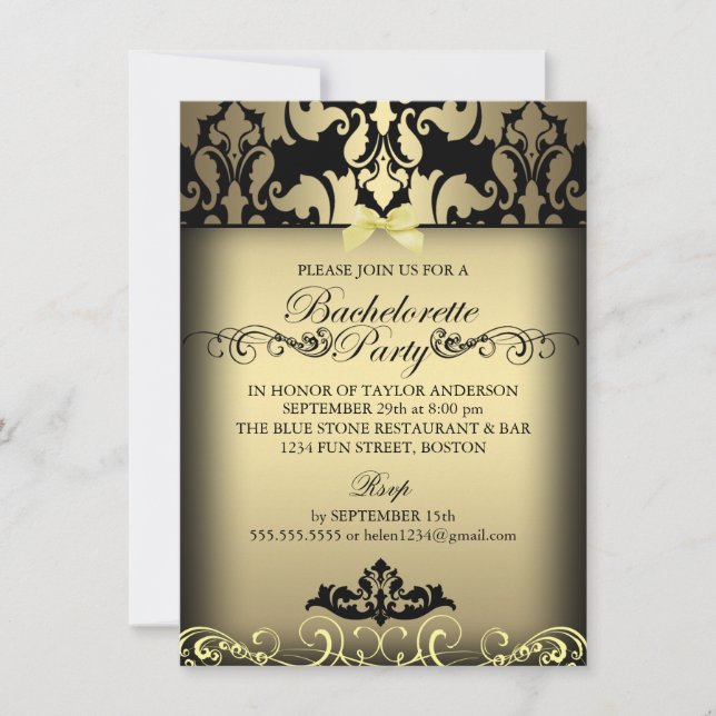 Gold Elegante Damask Junggeselinnen-Abschied Einla Einladung (Vorderseite)