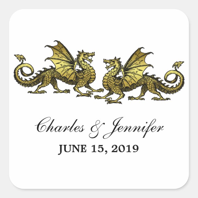 Gold Elegante Dragons Hochzeitsticker Quadratischer Aufkleber (Vorderseite)