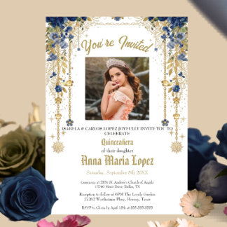 Gold Elegante Florale Foto Mis Quince Quinceañera Acryleinladungen