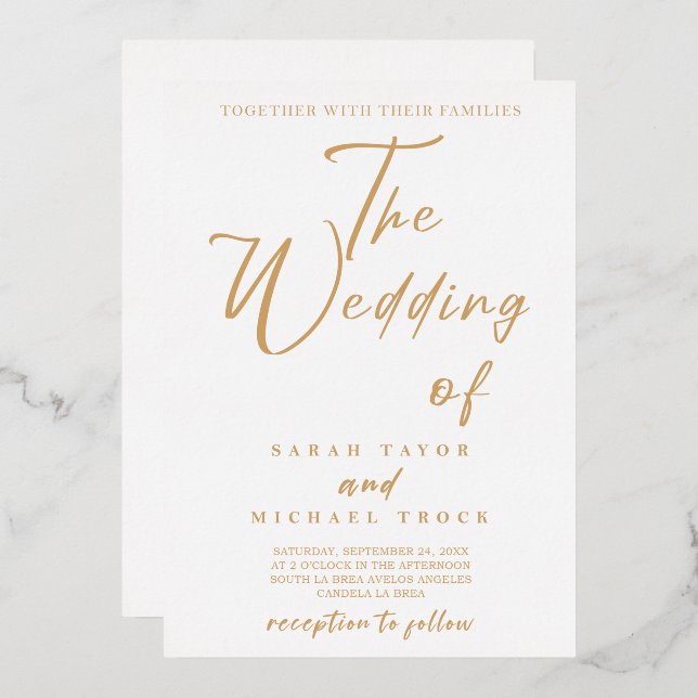 Gold Elegante Kalligraphie |Einladung zur White We Folieneinladung (Vorderseite/Rückseite)