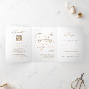 Gold Elegante klassische kalligraphische Hochzeit Dreifach Gefaltete Einladung