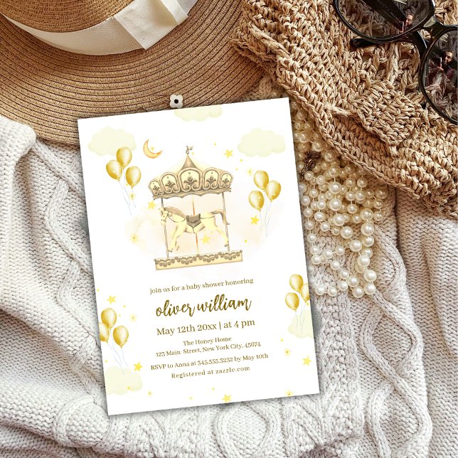 Gold Elegante Magical Balloon Carousel Baby Shower Einladung (Gold Elegant Magical Balloon Carousel Baby Shower Invitation)