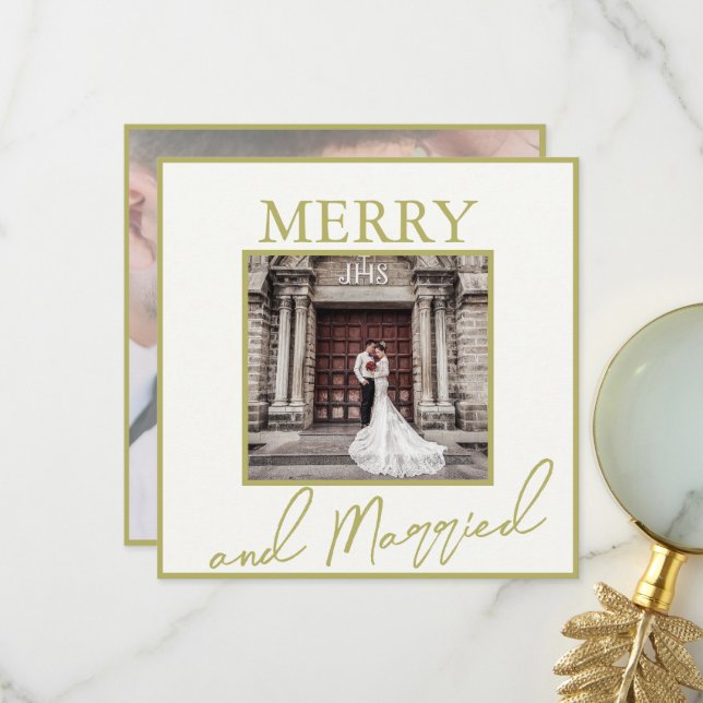 Gold Elegante Merry & Verheiratet 2 Fotos Dankeskarte (Vorderseite/Rückseite Beispiel)