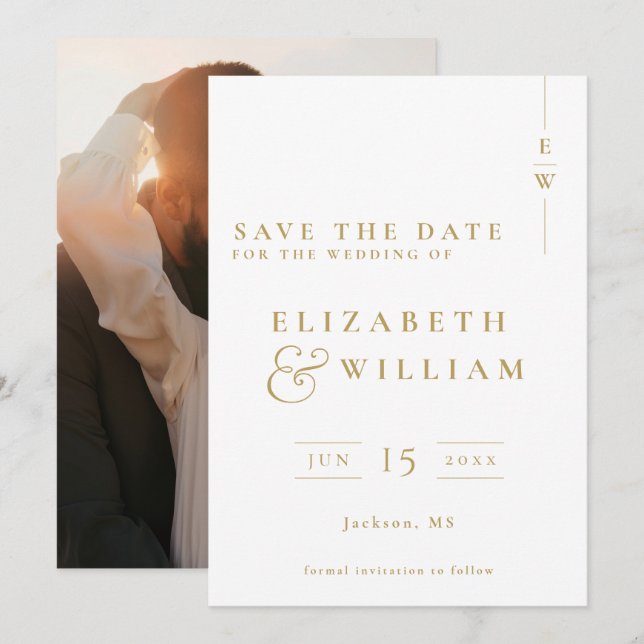 Gold Elegante Moderne Monogram Foto Hochzeit Save The Date (Vorne/Hinten)