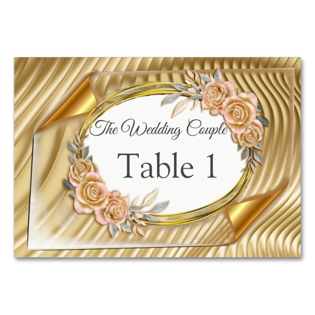 Gold Elegante Ripple Effect & Rose Blätter und Vog Tischnummer (Vorderseite)