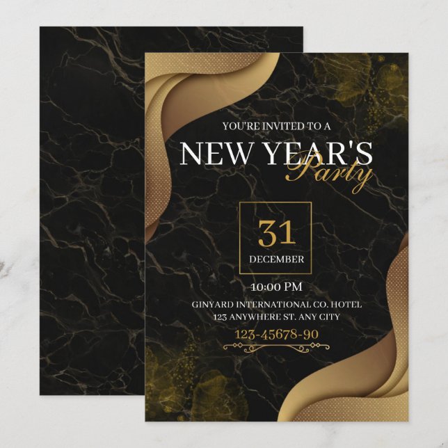 Gold Elegante Silvester-Party Einladung (Vorne/Hinten)