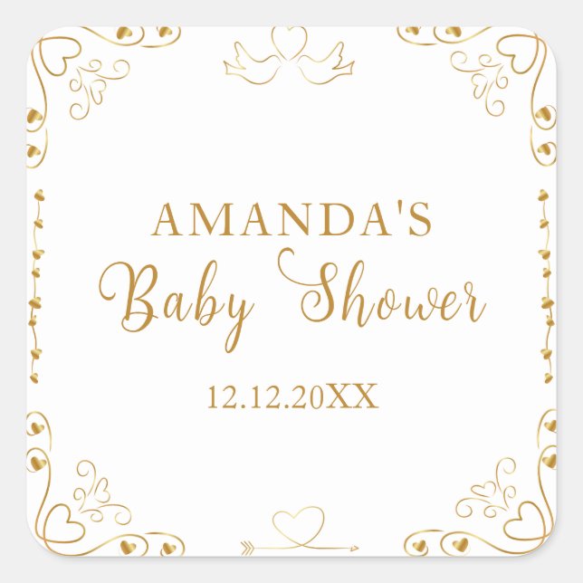 Gold Elegante Sweetheart Valentine Baby Shower Quadratischer Aufkleber (Vorderseite)