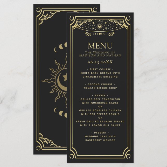 Gold Elegante Tarot Card Hochzeit Menükarte (Vorne/Hinten)