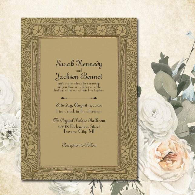 Gold Elegante Vintage Jugendstil-Hochzeit Einladung (Sophisticated Art Nouveau wedding invitations.  Stylish black script printed on a golden background)