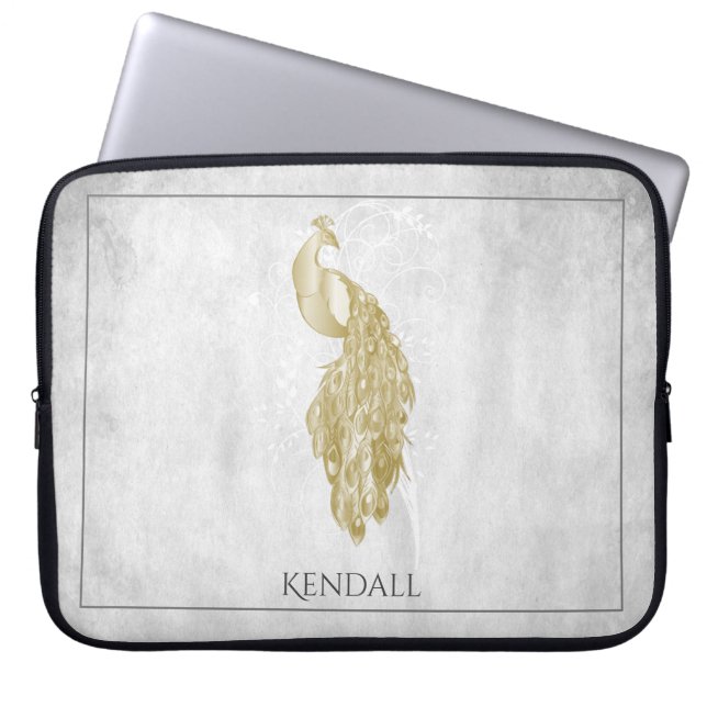 Gold Eleganter Pfau Personalisierter Laptop-Sieb Laptopschutzhülle (Vorderseite)