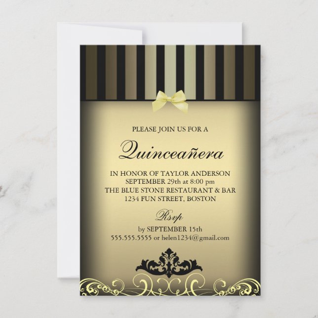 Gold Eleganter Stripe Quinceñera Party Einladung (Vorderseite)