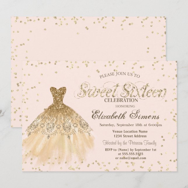 Gold Elegantes Dress Diamonds Creme Sweet 16 Einladung (Vorne/Hinten)