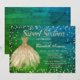Gold Elegantes Dress Diamonds Green Sweet 16 Einladung