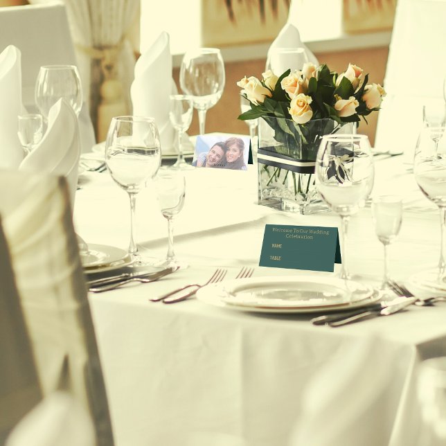 Gold Elegantes Skript und Foto | Grüne Hochzeit Platzkarte (In Situ)