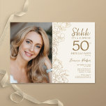 Gold Elegantes Überraschungs-Foto 50. Geburtstag Einladung<br><div class="desc">Blütengoldcreme überrascht 50. Geburtstagsfeier mit Ihrem Foto auf der Vorderseite der Karte. Elegantes modernes Design mit botanischen Kontur Zeichnungen Akzente und Typografie Drehbuch Schriftart. Einfache,  trendige Einladungskarte für eine stilvolle Damenfeier. Kann für jedes Alter angepasst werden. Gedruckte Zazzle Einladungen oder Sofortdownload digitalen druckbaren Vorlage.</div>