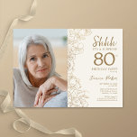 Gold Elegantes Überraschungs-Foto 80. Geburtstag Einladung<br><div class="desc">Blütengoldcreme überrascht 80. Geburtstagsfeier mit Ihrem Foto auf der Vorderseite der Karte. Elegantes modernes Design mit botanischen Kontur Zeichnungen Akzente und Typografie Drehbuch Schriftart. Einfache,  trendige Einladungskarte für eine stilvolle Damenfeier. Kann für jedes Alter angepasst werden. Gedruckte Zazzle Einladungen oder Sofortdownload digitalen druckbaren Vorlage.</div>