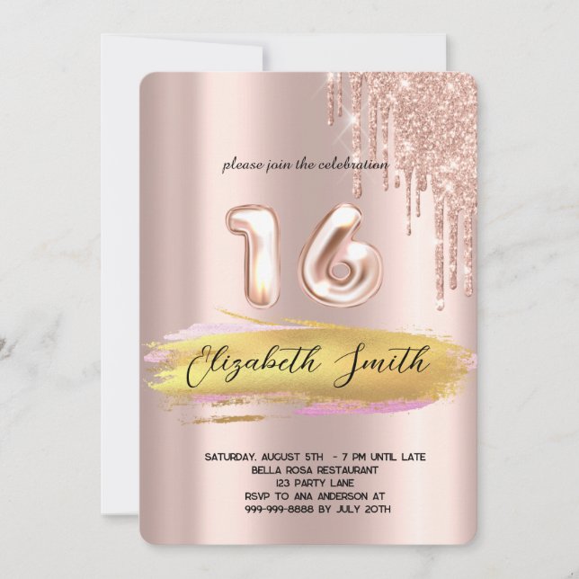 Gold Eleganz, Rose Gold 16 . Geburtstag Invitati Einladung (Vorderseite)