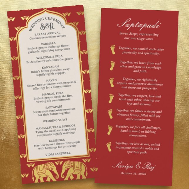 Gold Elephant Indian & Hindu Wedding Program Card Programm (Hindu wedding program, Indian wedding program, Saptapadi seven steps, elephant lotus flower mundap)