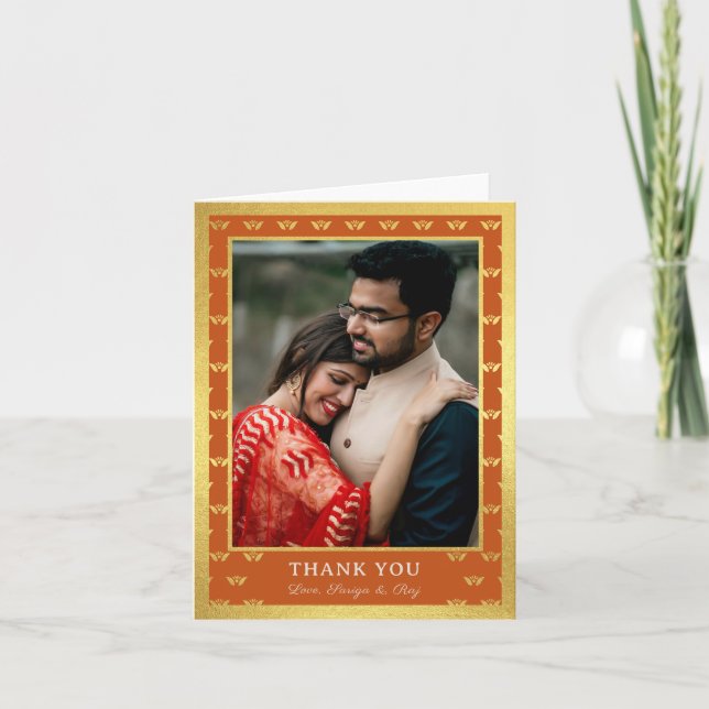 Gold Elephant & Lotus Blume Hochzeit Foto geklappt Dankeskarte (Vorderseite)