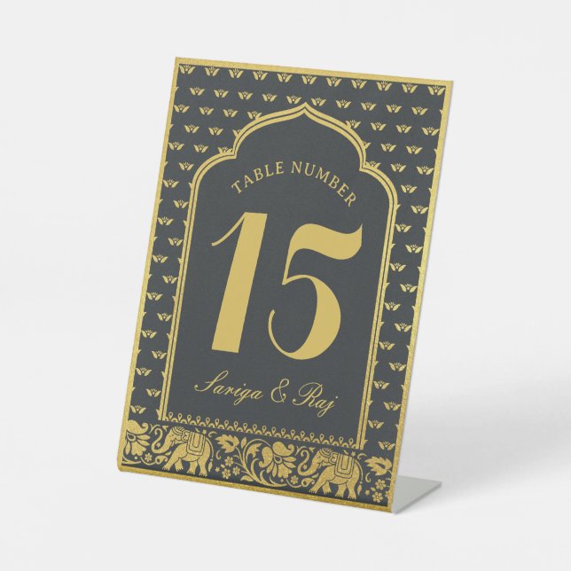 Gold Elephant & Lotus Blume Hochzeit Tischnummer Sockelschild (Vorderseite)