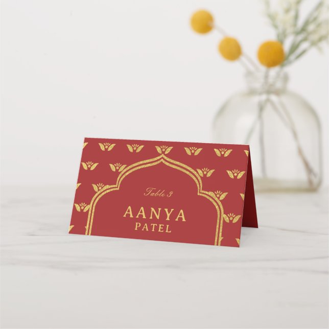 Gold Elephant & Lotus Blume Hochzeitsname Platzkarte (Vorderseite)