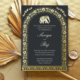 Gold Elephant & Lotus Blume Indische Hochzeit Folieneinladung