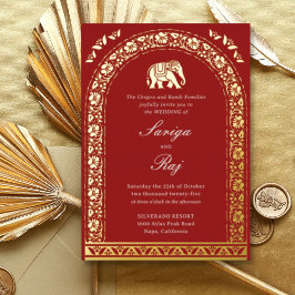 Gold Elephant & Lotus Blume Indische Hochzeit Folieneinladung