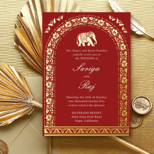 Gold Elephant & Lotus Blume Indische Hochzeit Folieneinladung