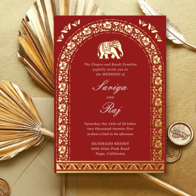 Gold Elephant & Lotus Blume Indische Hochzeit Folieneinladung (Indian wedding invitation with gold foil elephant and lotus flower motifs, traditional hindu wedding)