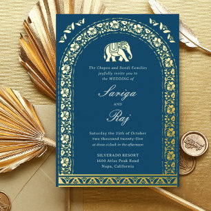 Gold Elephant & Lotus Blume Indische Hochzeit Folieneinladung