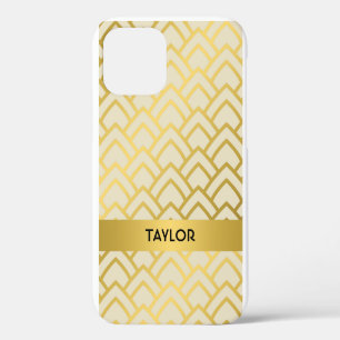 Gold Elfenbein Art Deco Geometrisches Muster Perso iPhone 12 Hülle